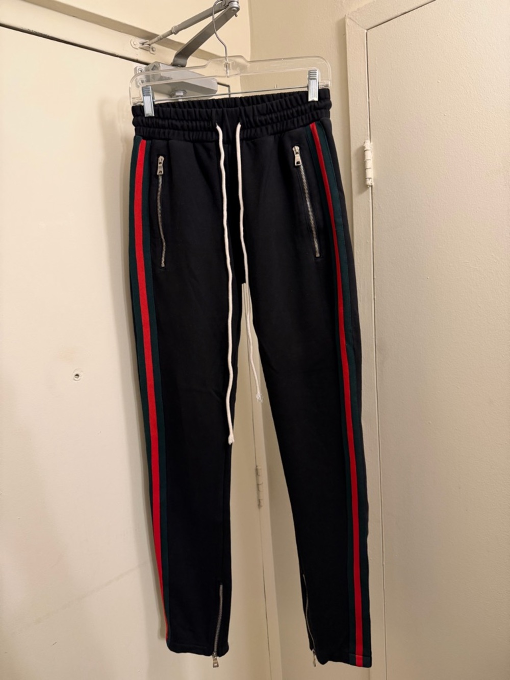 Men's Black Track Joggers with Red & Green Side Stripe